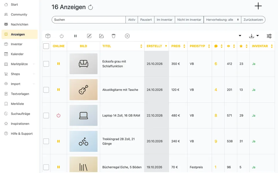 Die Anzeigenliste von Kleinanzeigen-Enhanced mit Bild, Titel, Erstelldatum, Preis, Anfragen, Aufrufen und Merkern je Anzeige.