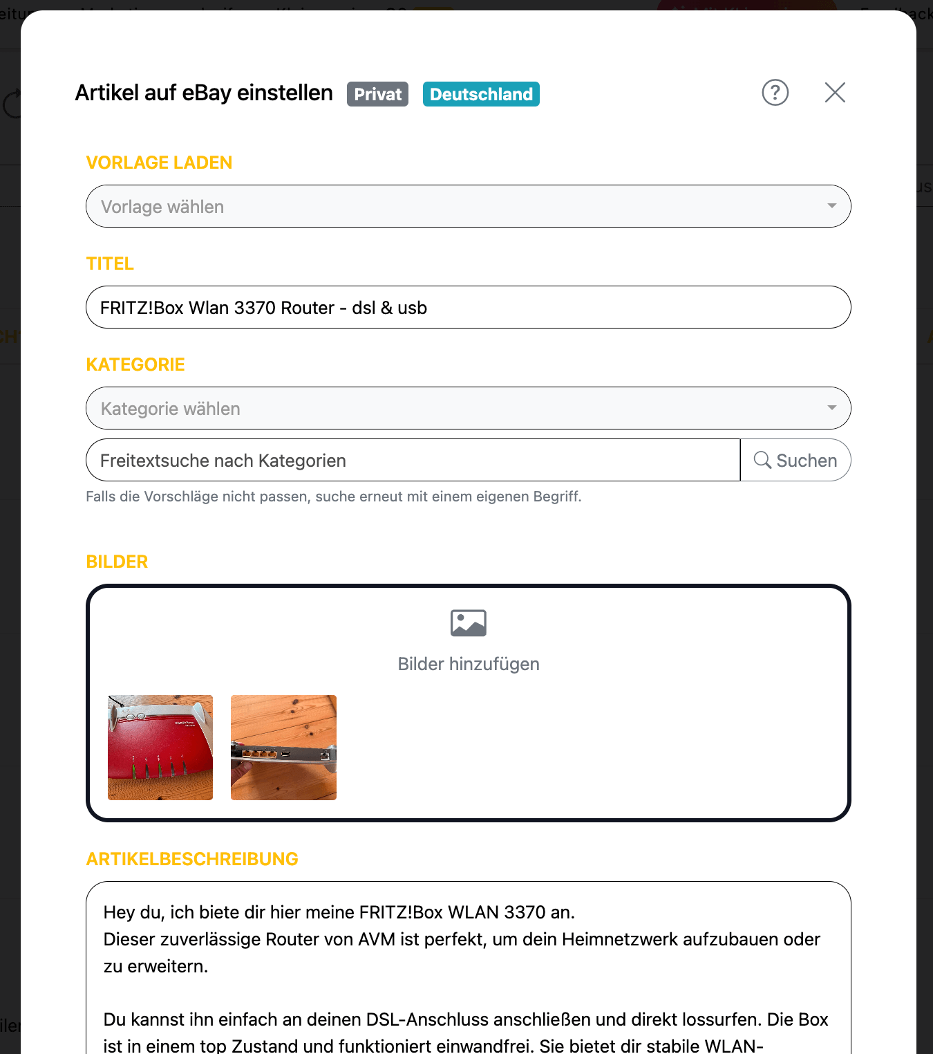 Von Kleinanzeigen zu eBay übertragen