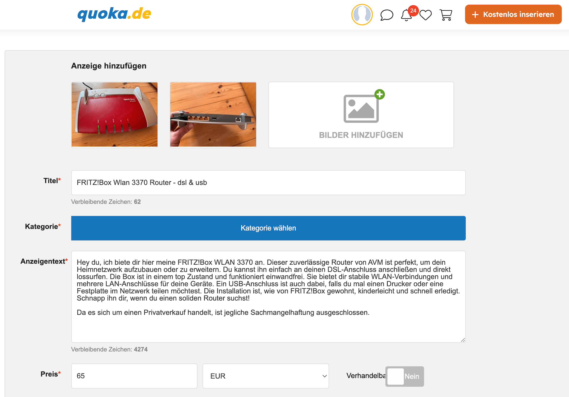 Kleinanzeigen zu Quoka übertragen