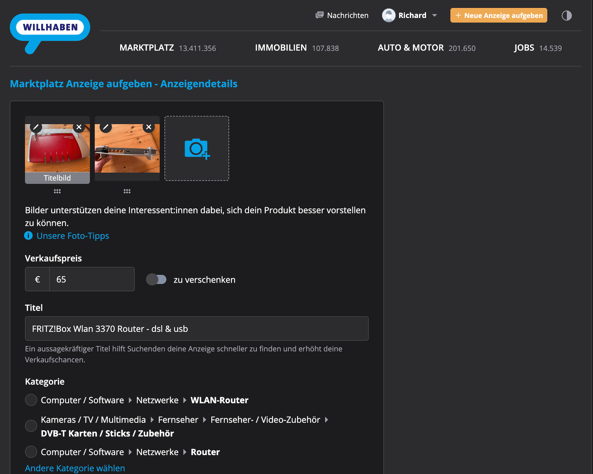 Von Kleinanzeigen zu willhaben.at übertragen