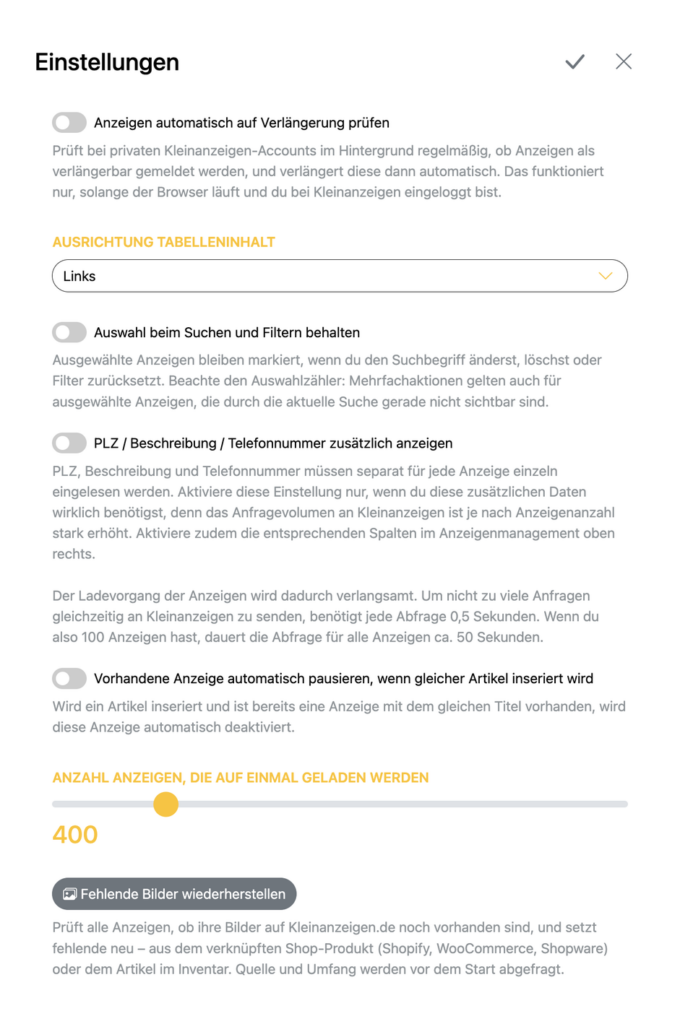 Fenster mit den Einstellungen für Anzeigen