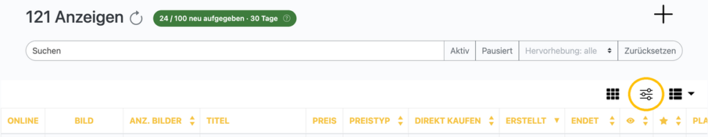 Regler-Symbol für die Anzeigen-Einstellungen im Dashboard