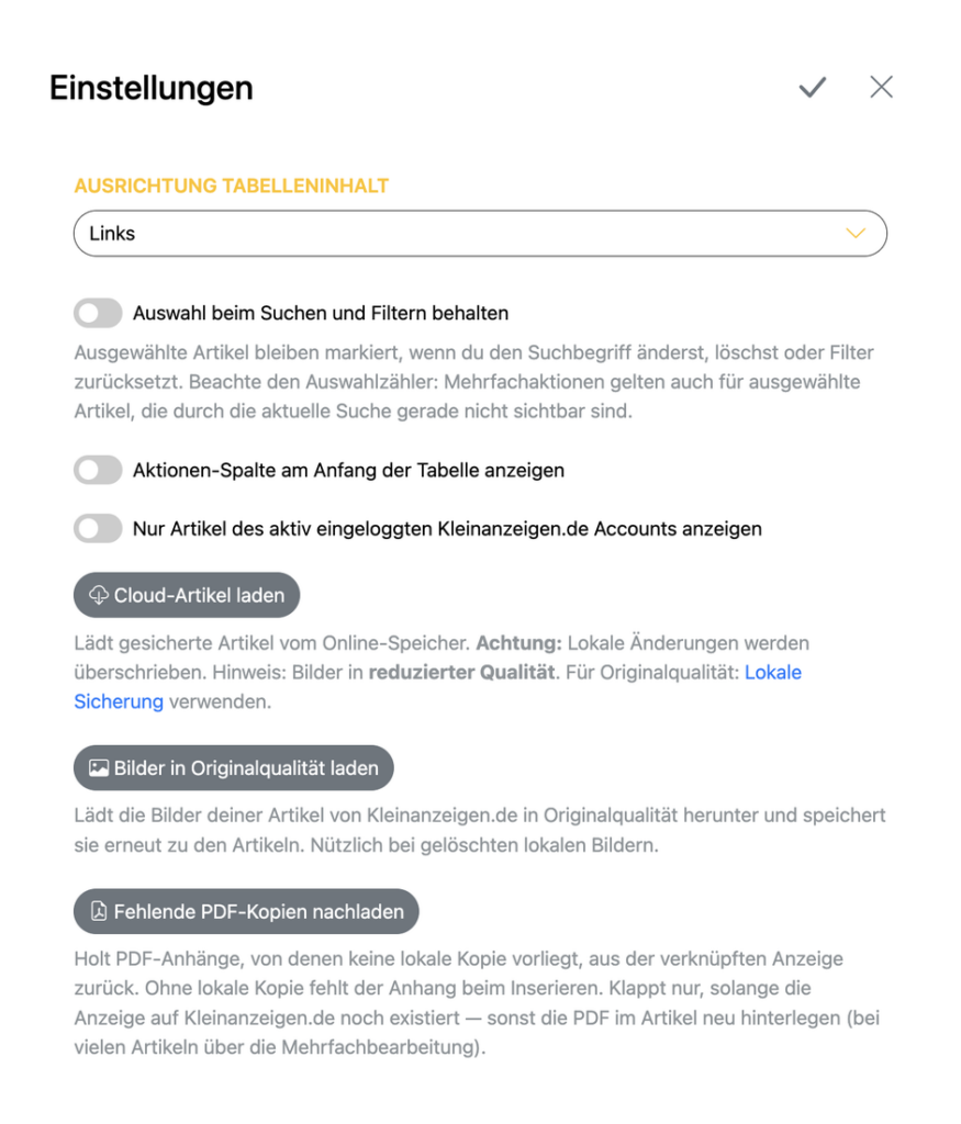 Fenster mit den Einstellungen für das Inventar