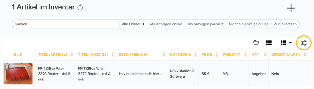 Regler-Symbol für die Inventar-Einstellungen im Dashboard