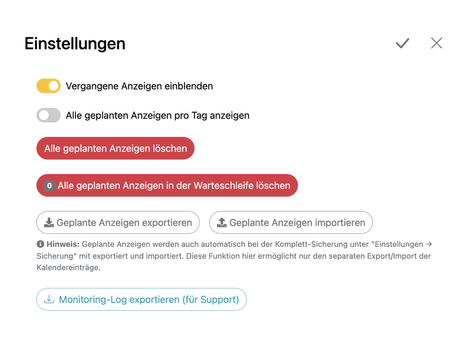 Fenster mit den Einstellungen für den Kalender