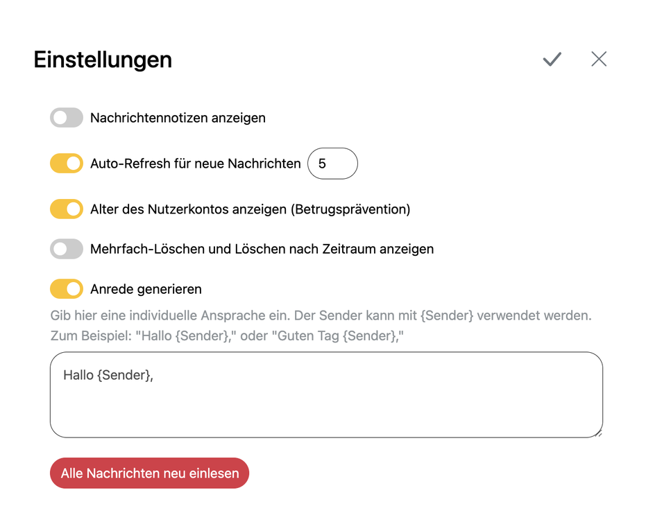 Fenster mit den Einstellungen für Nachrichten