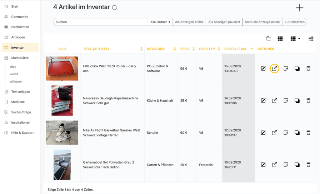 Artikel bei Kleinanzeigen.de bearbeiten