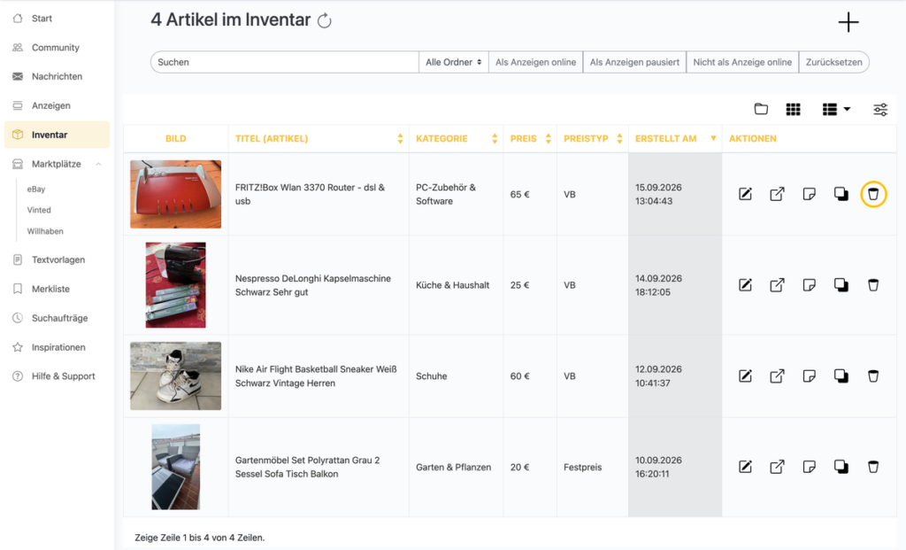 Einzelnen Artikel im Inventar löschen