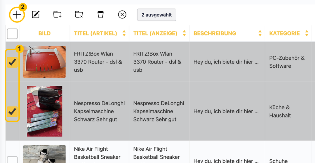 Mehrere Artikel im Inventar auswählen und inserieren