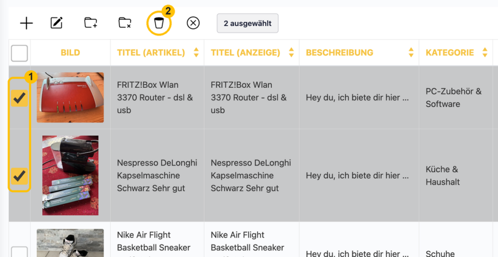 Mehrere Artikel im Inventar löschen