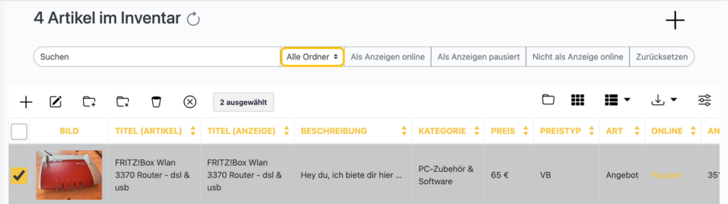 Artikel im Inventar nach Ordner filtern