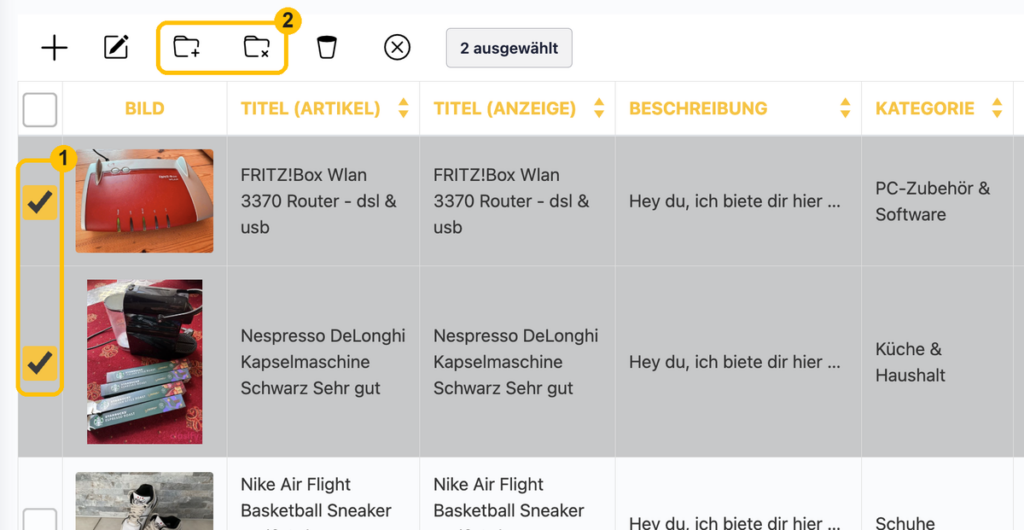 Mehreren Artikeln einen Ordner zuweisen oder entfernen