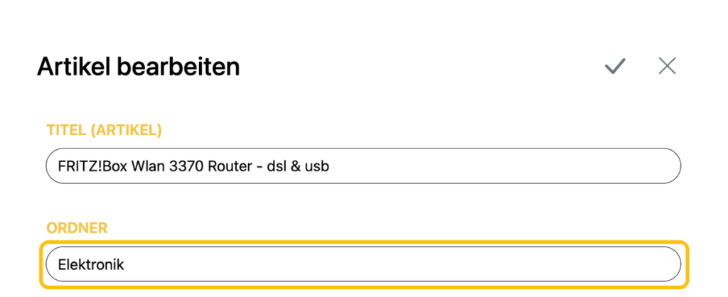 Ordner in der Schnellbearbeitung eines Artikels zuweisen